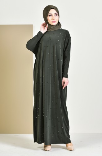 فستان بتصميم أكتاف واسعة مُزين باللؤلؤ  16451-02 لون أخضر كاكي 16451-02