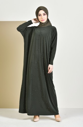 فستان بتصميم أكتاف واسعة مُزين باللؤلؤ  16451-02 لون أخضر كاكي 16451-02