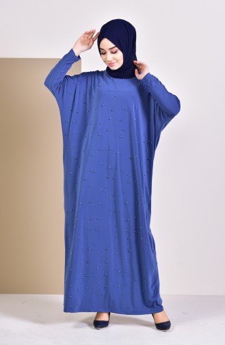فستان بتصميم أكتاف واسعة مُزين باللؤلؤ 16451-03 لون نيلي 16451-03