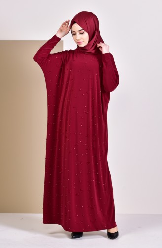 فستان بتصميم أكتاف واسعة مُزين باللؤلؤ 16451-06 لون خمري 16451-06