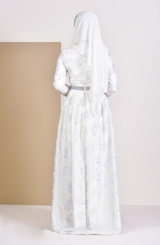 Taş Detaylı Jakarlı Elbise 9081-01 Ekru Gümüş