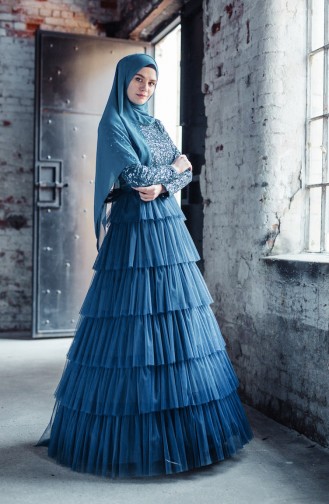 Petrol Hijab Evening Dress 52735-06