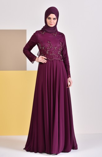 Plum Hijab Evening Dress 8890-01