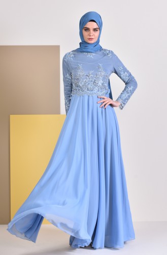 فساتين سهرة بتصميم اسلامي أزرق فاتح 8890.Bebe Mavisi