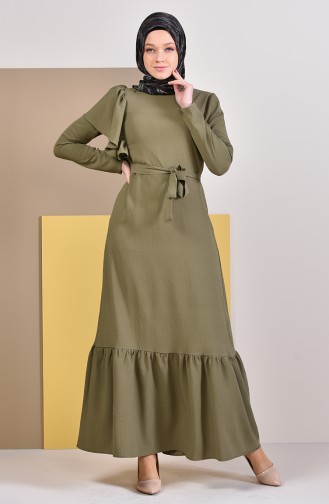 فستان بتصميم طيات وحزام للخصر 1926-06 لون اخضر كاكي 1926-06