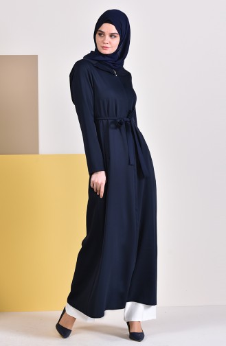 Zippered Belted Abaya  5923-02 Navy Blue 5923-02