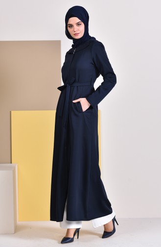 Zippered Belted Abaya  5923-02 Navy Blue 5923-02