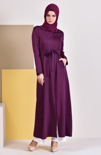 Abaya a Fermeture et Ceinture 5923-03 Plum 5923-03