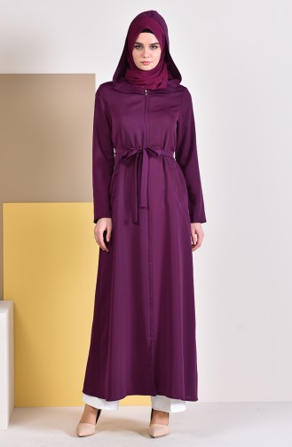 Zippered Belted Abaya  5923-03 Plum 5923-03