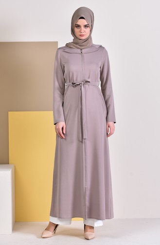 Zippered Belted Abaya  5923-04 Beige 5923-04