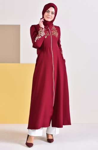 Bedrucktes Abaya mit Reissverschluss 4117-06 Weinrot 4117-06