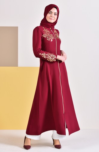 Bedrucktes Abaya mit Reissverschluss 4117-06 Weinrot 4117-06