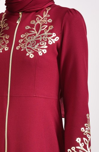 Gold Printed Zippered Abaya  4117-06 Claret Red 4117-06