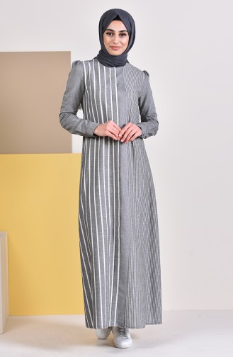 Cotton Striped Garnished Dress 5007-01 Black 5007-01