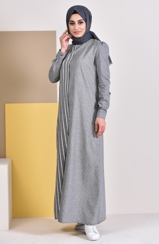 Cotton Striped Garnished Dress 5007-01 Black 5007-01