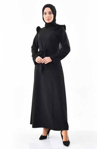 Taş Detaylı Kuşaklı Elbise 0228-02 Siyah