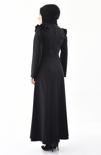 Taş Detaylı Kuşaklı Elbise 0228-02 Siyah