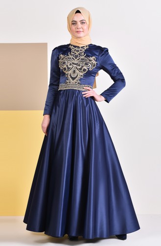 Robe de Soirée Taffetas Perlées 0018-01 Bleu Marine 0018-01