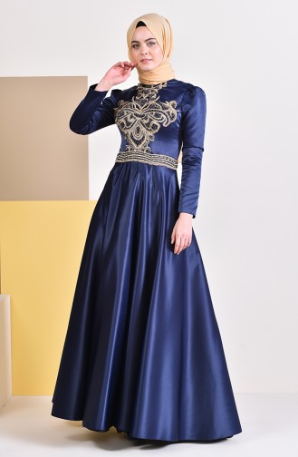 Robe de Soirée Taffetas Perlées 0018-01 Bleu Marine 0018-01