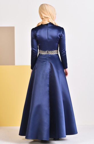 Robe de Soirée Taffetas Perlées 0018-01 Bleu Marine 0018-01