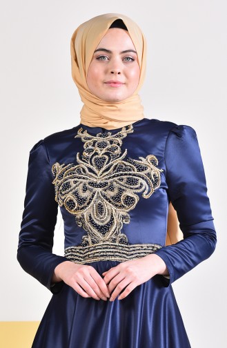 Navy Blue İslamitische Avondjurk 0018-01