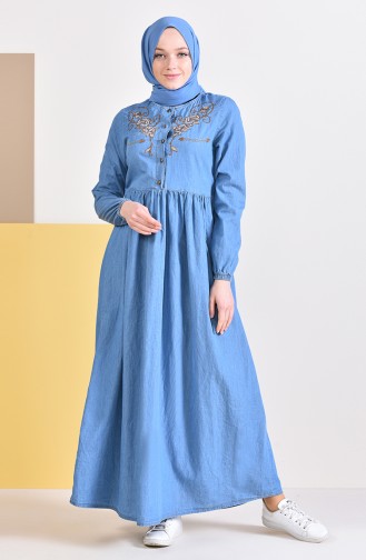 Nakışlı Kot Elbise 6177-02 Kot Mavi