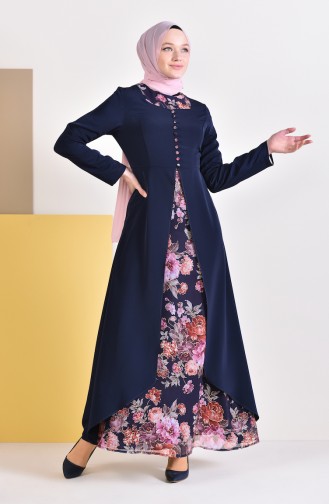 فستان بتصميم مُطبع وازرار 1701-01 لون كحلي 1701-01