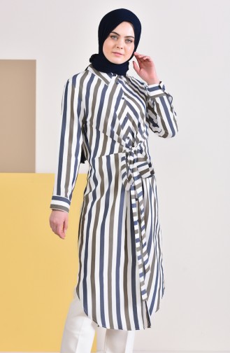 Striped Belted Tunic 3003-02 Navy Blue Khaki 3003-02