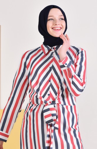 Striped Belted Tunic 3003-04 Navy Blue Red 3003-04