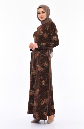 Bağcıklı Simli Elbise 1125-04 Kahverengi