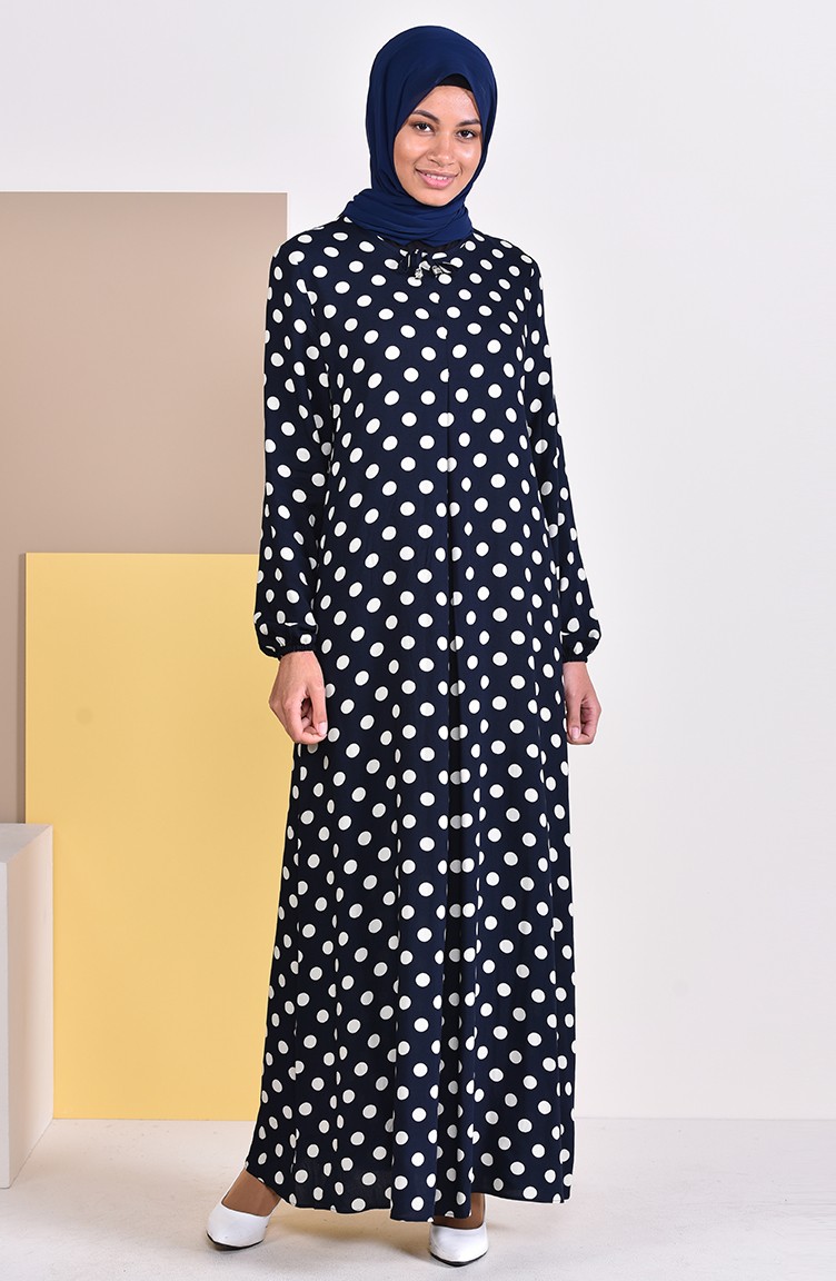 navy and white polka dot dress
