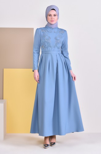 Pearls Belted Dress 9026-01 Blue 9026-01