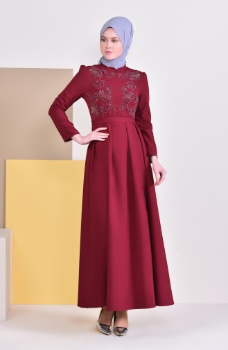 Pearls Belted Dress 9026-02 Bordeaux 9026-02