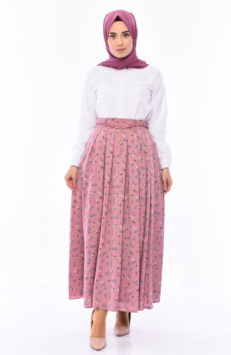 Flower Patterned Pleated Skirt 7234-01 Rose Dried 7234-01