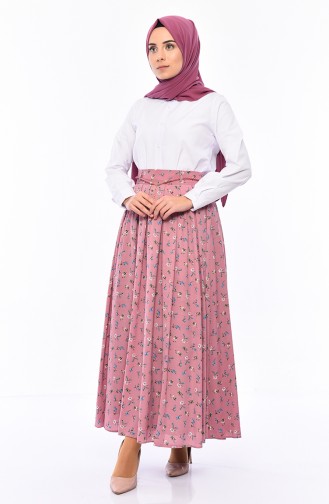 Flower Patterned Pleated Skirt 7234-01 Rose Dried 7234-01