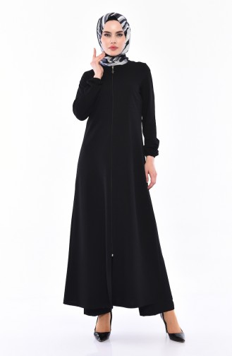 Abaya a Fermeture Manches élastique 3051-01 Noir 3051-01