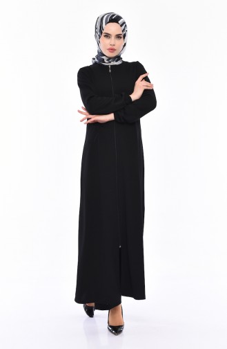 Abaya a Fermeture Manches élastique 3051-01 Noir 3051-01