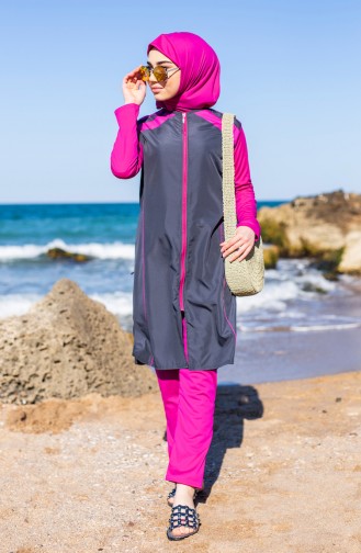 بدلة سباحة للمُحجابات بتصميم سحاب 0532-01 لون اسود مائل للرمادي 0532-01