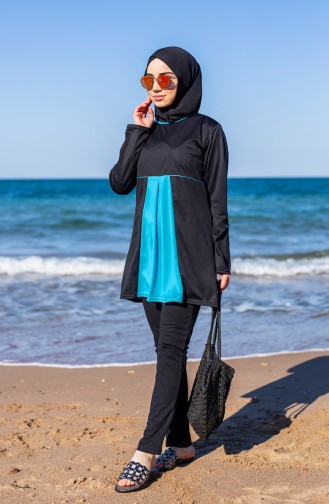 Large Size Hijab Swimsuit 0327-01 Black Blue 0327-01