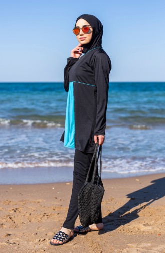 Large Size Hijab Swimsuit 0327-01 Black Blue 0327-01