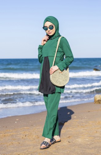 Large Size Gauze Hijab Swimsuit 0327-05 Emerald Green Black 0327-05