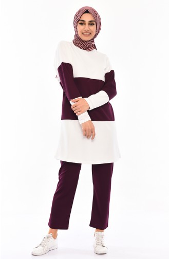 Tunik Pantolon İkili Takım 9012-04 Ekru Mürdüm