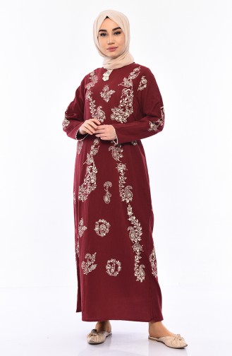 فستان قطن محاك بتصميم مُطبع 0004-02 لون خمري 0004-02