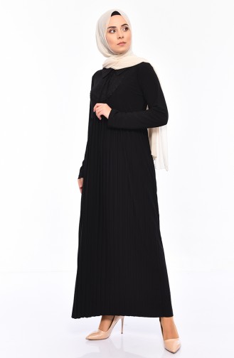 Dantel Detaylı Pileli Elbise 6189-01 Siyah