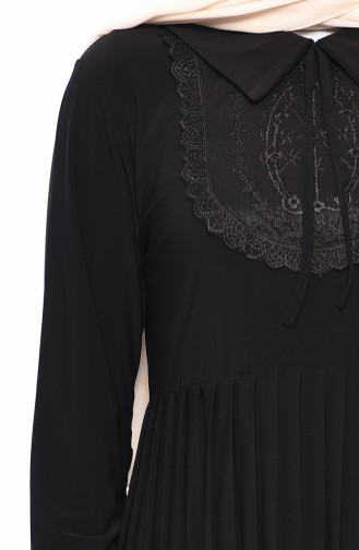 Dantel Detaylı Pileli Elbise 6189-01 Siyah