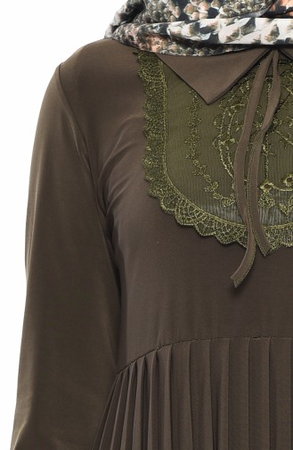 Lace Detailed Pleated Dress 6189-02 Khaki 6189-02