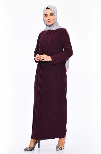 Lace Detailed Pleated Dress 6189-04 Plum 6189-04