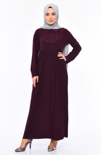 Lace Detailed Pleated Dress 6189-04 Plum 6189-04