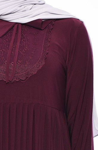 Lace Detailed Pleated Dress 6189-04 Plum 6189-04