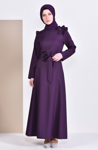 Stone Detailed Belted Dress 0228-05 Purple 0228-05